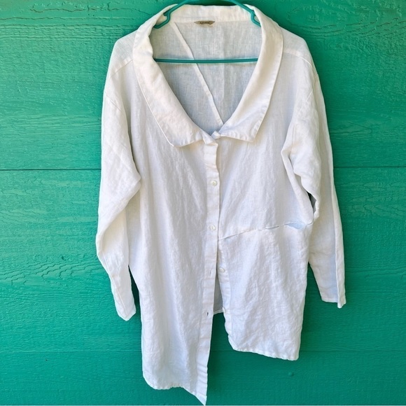 AAKASHA LINEN ARTSY LAGENLOOK WHITE BUTTON DOWN ASYMMETRICAL TUNIC SIZE LARGE - Picture 8 of 13